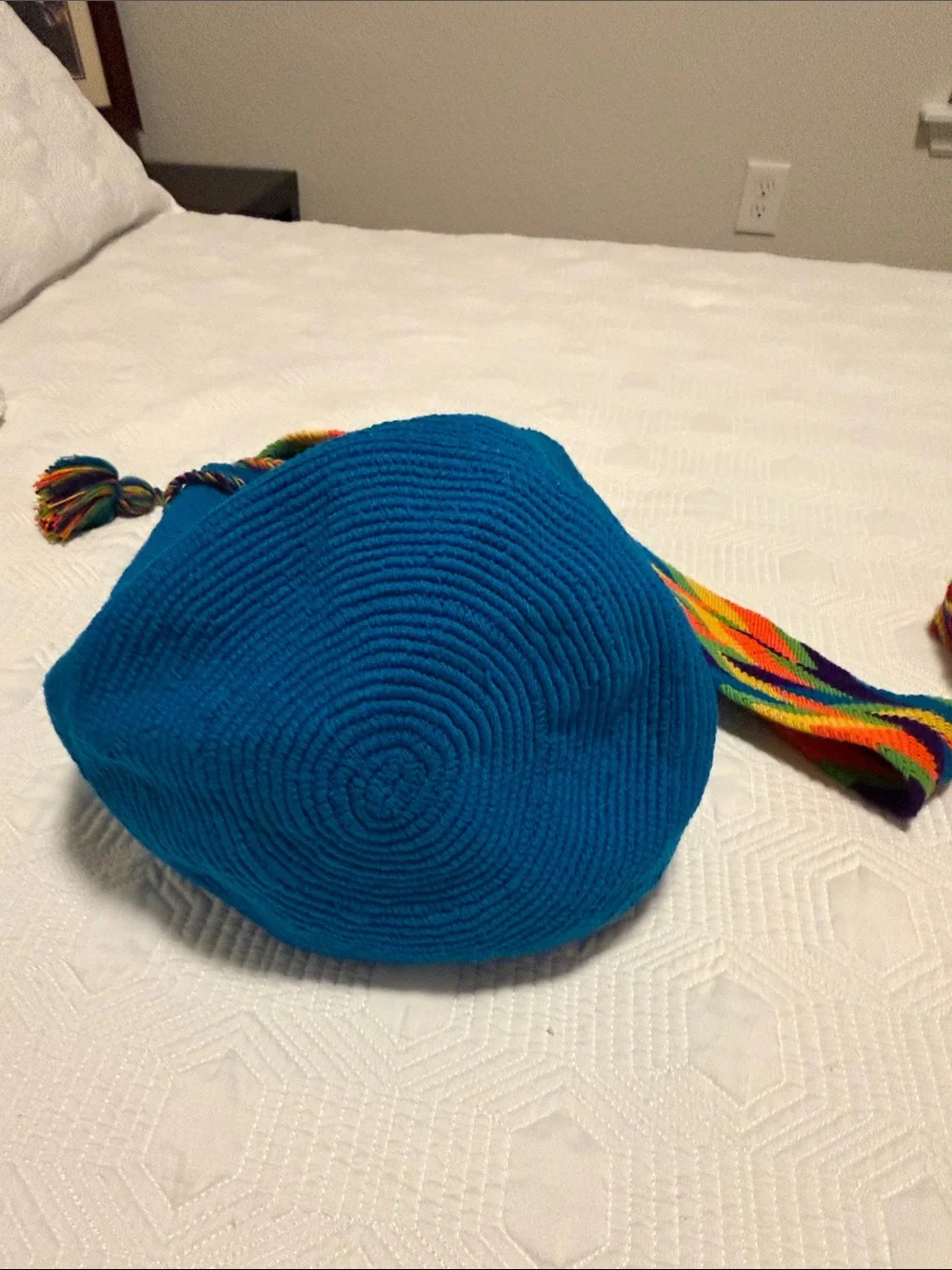 Handwoven Teal Bucket Bag with Multi-Color Strap Handmade wayuu tribe